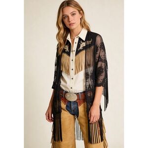 NWOT Ariat fringe sheer lace duster kimono